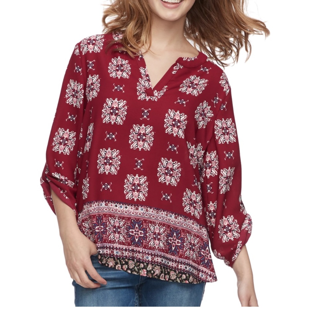 Pink Republic‎ Popover Top Wine Large 3/4 Sleeves with Button